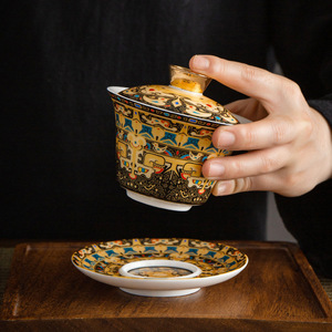 Cloisonn Silver Three Piece Gaiwan Teacup With Lid Porcelain Infuser Dehua Kung Fu <b>Tea</b> <b>Set</b> For Home Use - Product Image 3