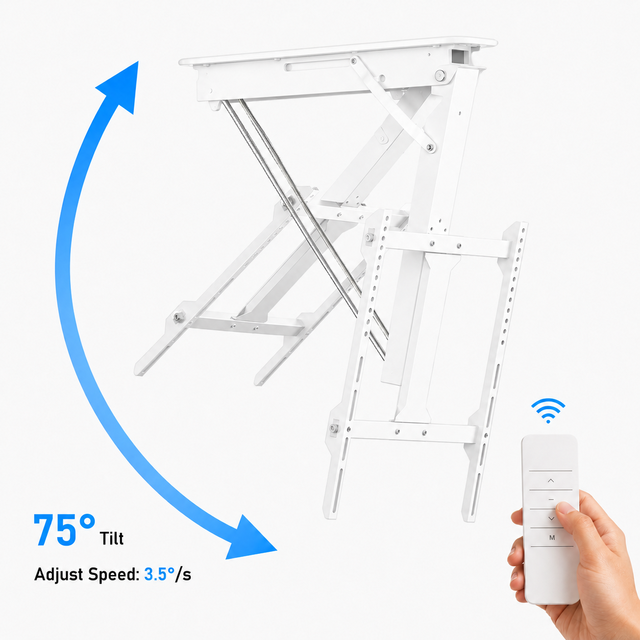 Motorized Ceiling TV Mount White 0-75 Tilt Adjustable Height Flip Down Remote Indoor Outdoor 40KG Load Capacity VESA 200-600mm