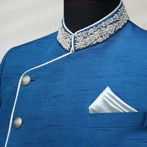 Blue Wedding Sherwani for Men With <strong>Silver</strong> Embroidery Indowestern Prince <strong>Suit</strong> - Product Image 2