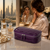 Pochette cosmétique de luxe en cuir véritable à motif crocodile, trousse de maquillage portable de luxe violette, organiseur de toilette de voyage