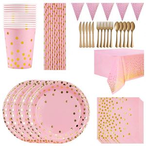 Juego de Platos, Vasos y Servilletas Desechables de Papel con Estampado Dorado Rosa, Artículos para Fiestas, Vajilla - Product Image 1