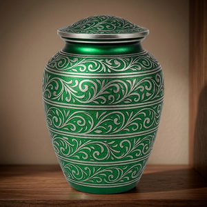 Urne funéraire de luxe en métal vert avec des motifs botaniques argentés faits à la main, des bandes décoratives et un couvercle en dôme élégant - Product Image 2