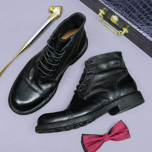 High-end brand handmade lace-up men's shoes with three connectors, cowhide round toe, high-top, genuine leather <b>boots</b> for men - Product Image 5