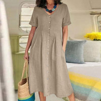 Robe longue ample vintage unie taille haute en coton et lin Printemps/Été 2026