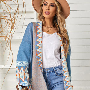 2025 autunno nuovi arrivi in stile azteco Vintage Open Front <span class=keywords><strong>Cardigan</strong></span> lungo lavorato a maglia per donne Casual autunno geometrico - Product Image 2