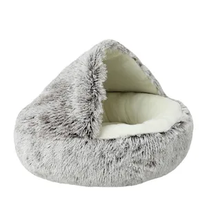 Wholesale Custom Soft Faux Fur Pet Bed Luxury Fluffy Plush Cave Hood For Cats And Dogs Small Size Removable Cover Animal Print