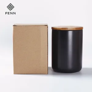 家居装饰新到货圆筒形状竹盖800毫升哑光白色黑色独特蜡烛罐散装