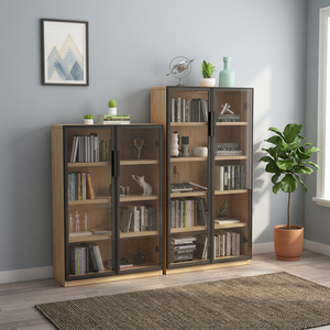 Bibliothèque moderne en bois avec portes vitrées et étagères ouvertes pour le bureau à domicile et le salon - Product Image 3