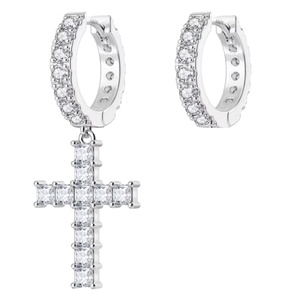 Pendientes de Aro Plateados con Colgante de Cruz y Diamantes de Imitación con Corte Princesa, Estilo Hip Hop Cristiano Religioso para Mujer - Product Image 1