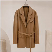 Blazer en cuir d'agneau mi-long pour femmes, marron, à revers crantés, avec ceinture à la taille et plusieurs poches, vêtement d'extérieur en peau de mouton