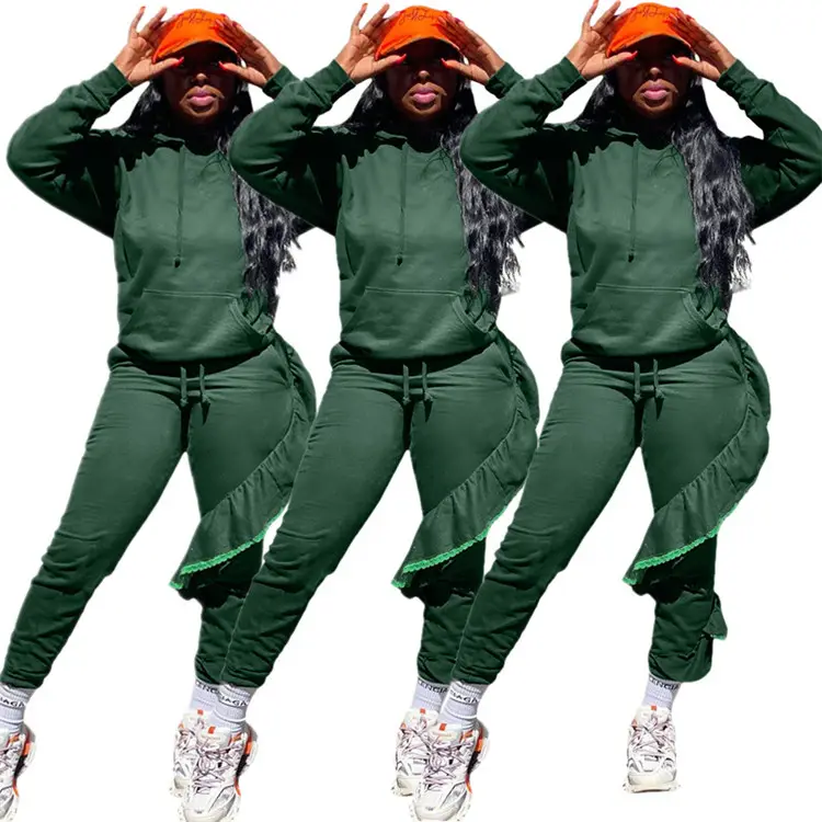 Wholesale Ladies Women's Casual hooded sports suit Solid color can be customized two-piece set