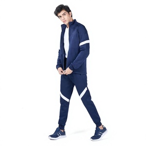 Ensemble de survêtement sportif décontracté pour homme, bleu marine, avec fermeture éclair intégrale et bandes blanches, respirant, en polyester, pour l'automne - Product Image 1