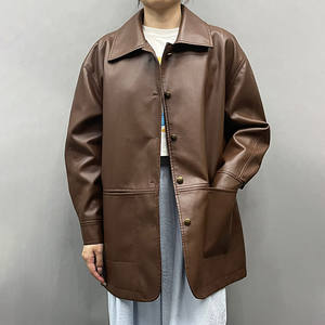 Nuova venuta <span class=keywords><strong>camicia</strong></span> da donna <span class=keywords><strong>giacca</strong></span> di pelle sintetica <span class=keywords><strong>giacca</strong></span> di mezza lunghezza marrone donna cappotto in finta pelle con bottoni - Product Image 2