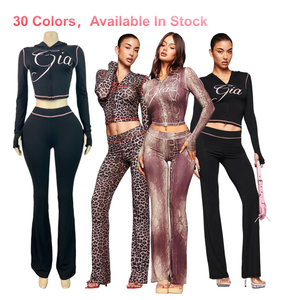 Conjuntos de Roupas Sexy para Mulheres por Atacado, 30 Cores, Top com Capuz de Manga Longa e Leggings <span class=keywords><strong>Flare</strong></span>, Conjunto Y2K Streetwear de 2 Peças - Product Image 1