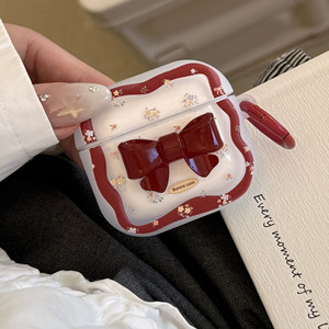 Funda para auriculares Bluetooth AirPods de 4.ª generación, diseño floral vintage con lazo rojo y correa, funda para auriculares anticaídas - Product Image 4