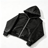 Sweat-shirt à capuche zippé en polaire pour homme, en coton brodé, éco-responsable, personnalisé, avec patchwork de rivets à bords bruts et finition effilochée, coupe ample, style streetwear Y2K