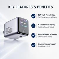 Chargeur GaN 45W Type C en gros avec affichage intelligent IA, adaptateur de voyage portable pour téléphone et ordinateur portable, chargeur USB C à charge rapide