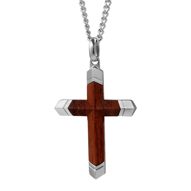 Mens Jewelry Gift Stainless Steel Cross Wood Inlay Cross Pendant Necklace collar de cruz kreuz halskette collier croix