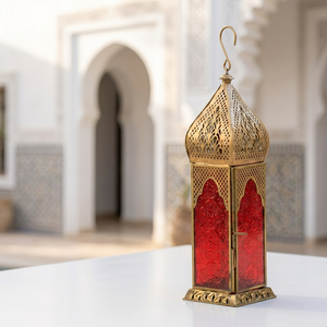 Lanterne à bougie en métal de style marocain, en métal doré, avec verre floral rouge pour la décoration de la maison - Product Image 1