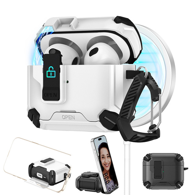 Magnetic Lock Button TPU+PC Earphone Charging Box Case Cover Holder Full Protection Shell for Airpods Pro 3 with Carabiner