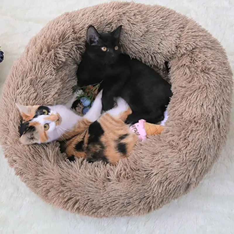 Atacado Luxo Artificial Fur Cat Bed PV Fleece Lavável Macio redondo Dog Sleeping Bed Confortavelmente Embebido em Material de Pelúcia