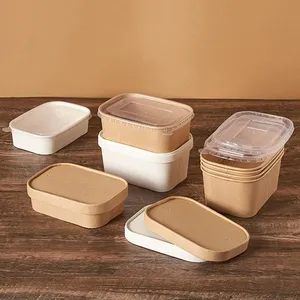 Caixa De Papel Kraft Amigável ECO Elipse Branco Bento Pack Tampa De Papel Caixa Descartável À Prova De Óleo Comida Sobremesa Salada Embalagem De Papel Kraft