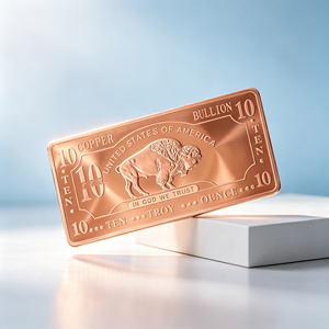 Lingot de cuivre poli de 10 onces, style billet de banque classique, avec logo personnalisé, pour économies, thème bison américain - Product Image 1