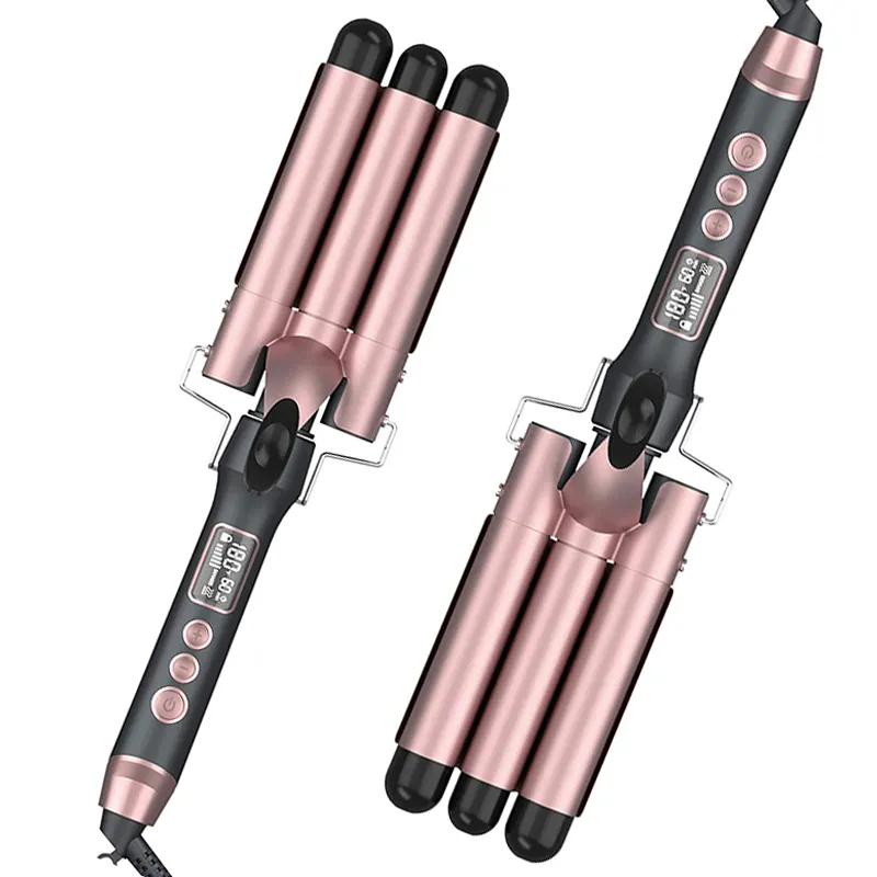 25mm 3 Triple Barrel Deep Wave 2022 Hair Curler Ceramic Curling Iron Rose Gold Salon Styler Crimper Waver Wand Curl 450 Degrees