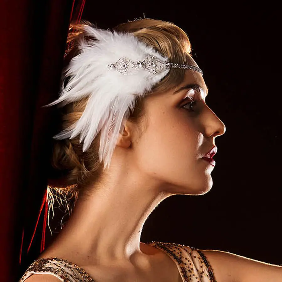 Büyük Flapper sineklik kız Vintage Dacing parti Showgirl şapkalar kadınlar 1920s tüy Rhinestone kafa bandı