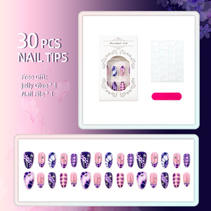 30 faux ongles de luxe en amande, motif léopard violet œil de chat, entièrement ornés de strass, style français, vente en gros - Product Image 2