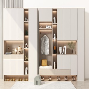 Modern Cream Entryway Shoe Cabinet with LED Light, <strong>Hallway</strong> <strong>Storage</strong> Cupboard with Coat Rack and <strong>Bench</strong> - Product Image 1