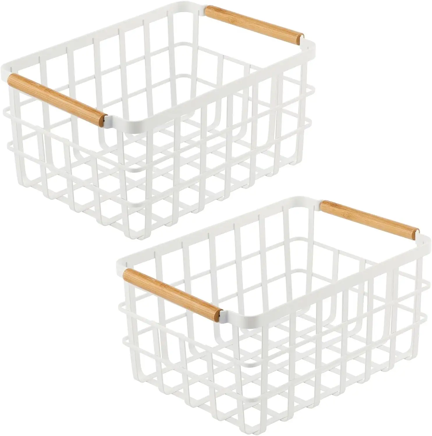 Metal Wire Food Organizer Storage Bin Basket with Bamboo Handles for Kitchen Cabinets