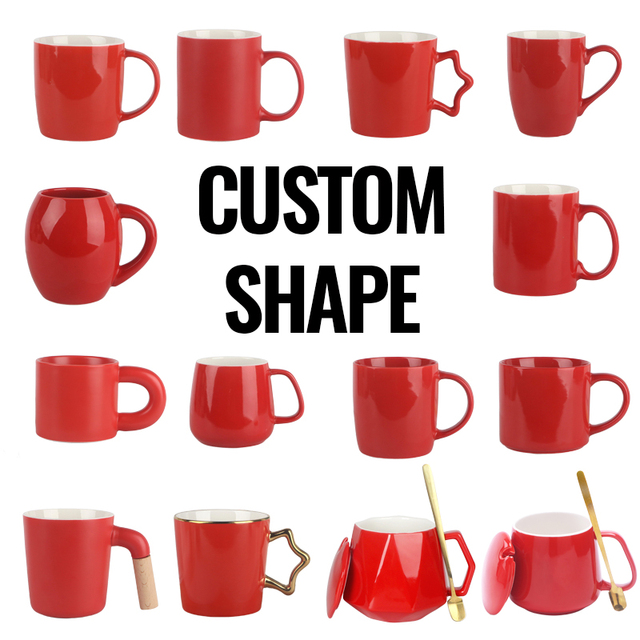 Custom Shape Red Porcelain Coffee Mugs Classic Blank Ceramic Cup With Large Handle for Tea Latte Cappuccino