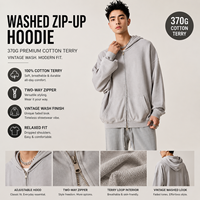 Sweat à capuche zippé vintage 370 GSM, délavé, épais, effet usé, pour homme, streetwear, marque privée, vente en gros