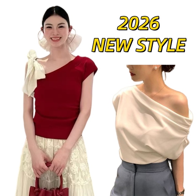 Wholesale Custom Women's Casual Summer Irregular Slant Shoulder Design Sense Loose Solid Color Top Knitted Clothing Set AL039-W