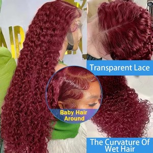 Perruque en cheveux humains vierges brésiliens à ondulation profonde en gros, 13x4, 99J bordeaux, dentelle suisse transparente HD, frontal pour femmes noires - Product Image 2