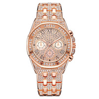 Montre à quartz pour homme en alliage sertie de strass, trois couleurs différentes, style hip-hop, chiffres romains à trois yeux, vente en gros d'usine 2026