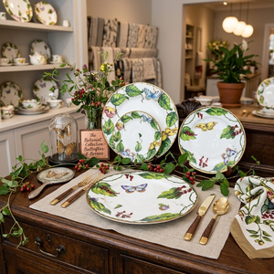 Juego de Vajilla de Porcelana China con Diseño Floral de Mariposas Vintage, Plato de Cerámica con Hojas Verdes de Jardín, Taza de Café de Porcelana, Tazón para <span class=keywords><strong>Hotel</strong></span> - Product Image 5