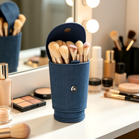Porte-pinceaux de maquillage cylindrique en toile bleue personnalisé avec fermeture à rabat, durable et résistant à l'usure, modèle JF26-052, OEM/logo personnalisé