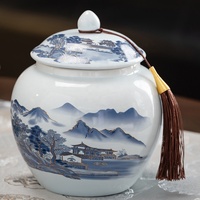Boîte à thé hermétique en céramique personnalisée pour café, grande capacité, motif paysage cyan, pot de rangement rond en porcelaine pour thé Pu-erh avec couvercle, cadeau