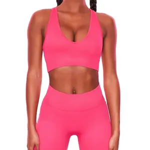 Vente chaude femmes 5 pièces de haute qualité sans couture côtelé Style Gym Fitness entraînement Shorts Leggings sport soutien-gorge Yoga ensemble