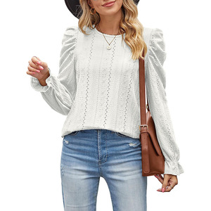 Blusa Feminina de Outono Moda Decote Redondo Manga Longa Elegante Camisas Top em Cor Sólida para Mulheres - Product Image 3