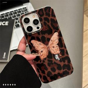Suitable for iPhone 17 Pro Max case, <b>retro</b> glitter butterfly resin with glitter leopard print, large hole shockproof <b>phone</b> cover - Product Image 3