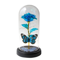 Lampe LED Rose Galaxie Double Papillon Faite à la Main sous Cloche en Verre/Acrylique – Rose Éternelle Romantique et Onirique pour la Saint-Valentin et la Fête des Mères