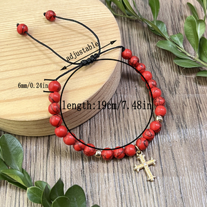 Braccialetti Unisex con Ciondolo a Croce '<span class=keywords><strong>Dio</strong></span> <span class=keywords><strong>Ti</strong></span> <span class=keywords><strong>Benedica</strong></span>', Perline in Pietra, Forma Rotonda, Corda Intrecciata Rossa e Nera, Regalo per Battesimo - Product Image 6