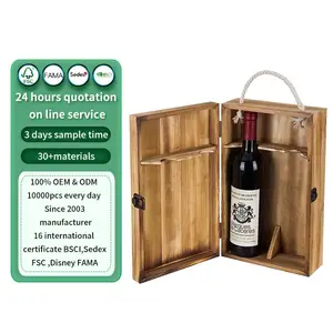 Ahşap şarap kutusu şarap aksesuarı Set üst kolu menteşeli kapak taşıyıcı koyu Torched ahşap çift şişe şarap hediye kutuları