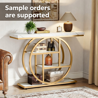 Table basse de luxe en métal doré, table basse à effet marbre avec rangement multi-niveaux pour salon