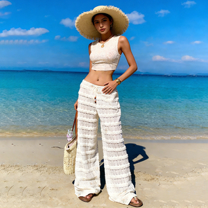 Pantalon large en dentelle crochetée pour femme, pantalon de plage à volants superposés avec cordon de serrage à la taille pour les vacances - Product Image 5