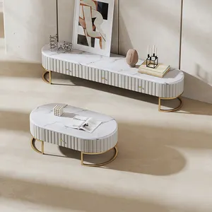 Moderne Luxus weiße Marmorplatte Couch tisch und TV-Ständer benutzer definierte Leder farbe Metall beine Tee tisch TV-Schrank Set