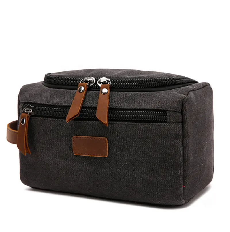 Custom Wholesale Black Shaving Dopp Kit Vintage Luxury Leather Canvas Pouch Men Travel Cosmetic Bag